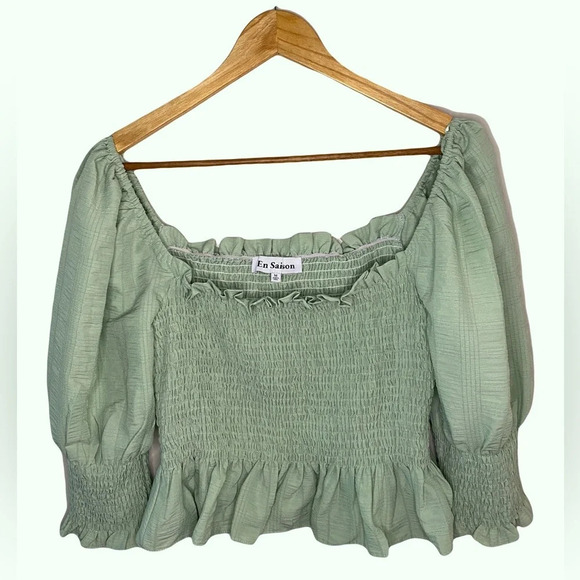 En Saison Ruched Frill Hem Puff  Sleeve Blouse - Picture 2 of 6